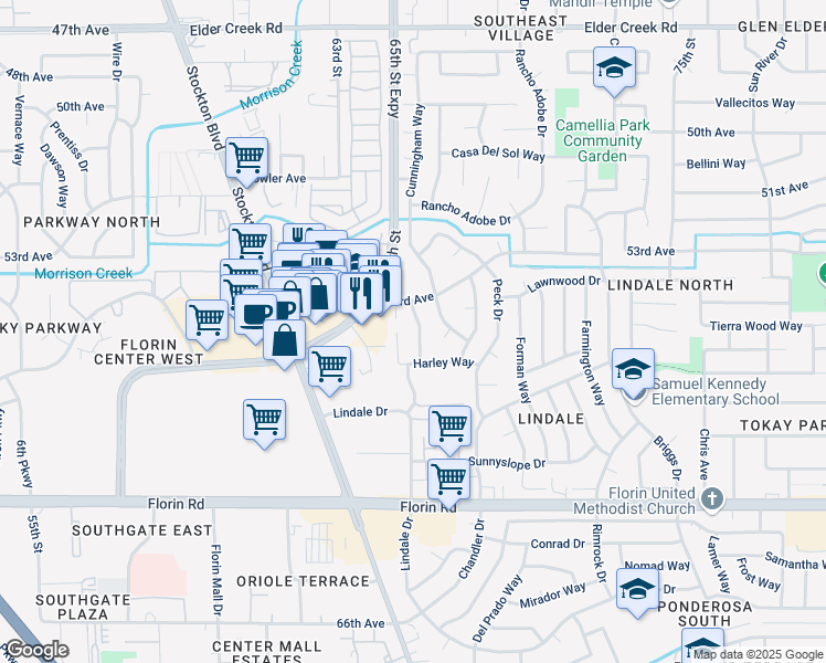map of restaurants, bars, coffee shops, grocery stores, and more near 6916 Casa Grande Way in Sacramento