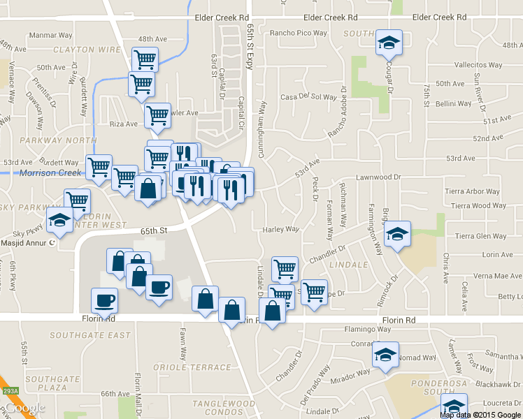 map of restaurants, bars, coffee shops, grocery stores, and more near 6600 53rd Avenue in Sacramento