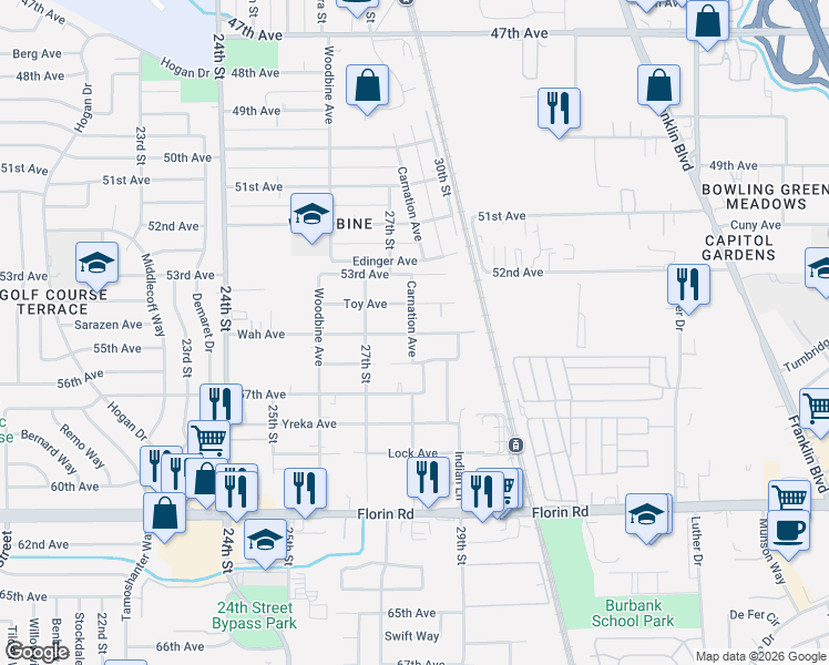 map of restaurants, bars, coffee shops, grocery stores, and more near 2730 Toy Avenue in Sacramento