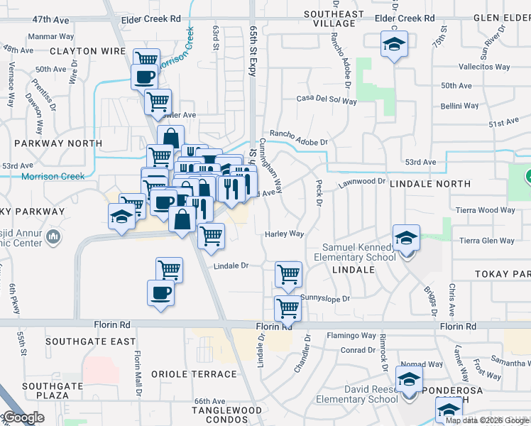 map of restaurants, bars, coffee shops, grocery stores, and more near 6600 53rd Avenue in Sacramento