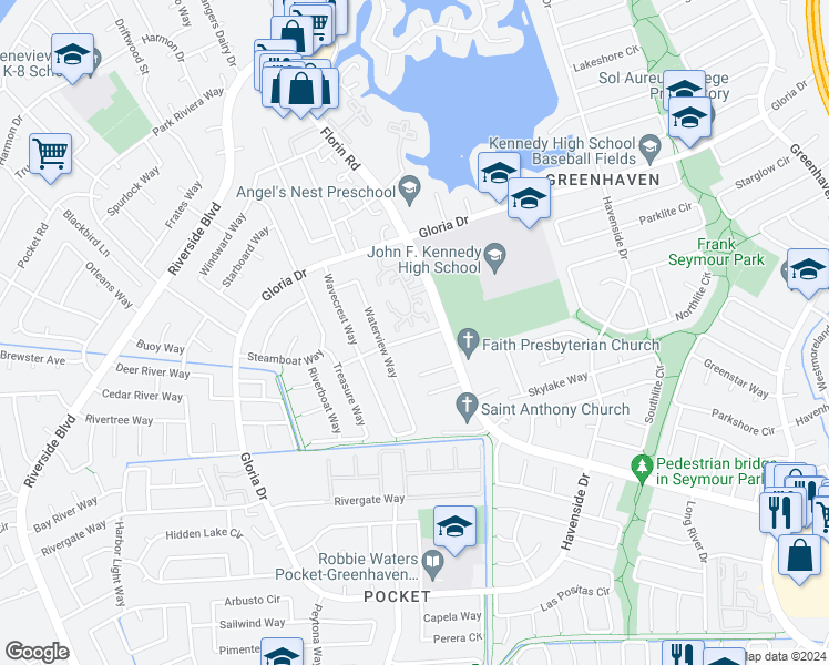 map of restaurants, bars, coffee shops, grocery stores, and more near 907 Roundtree Court in Sacramento