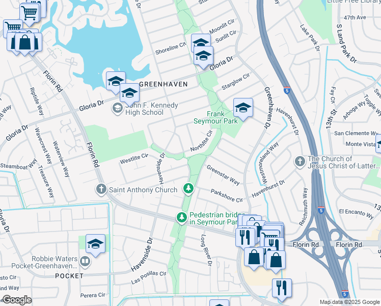 map of restaurants, bars, coffee shops, grocery stores, and more near 6827 Coachlite Way in Sacramento