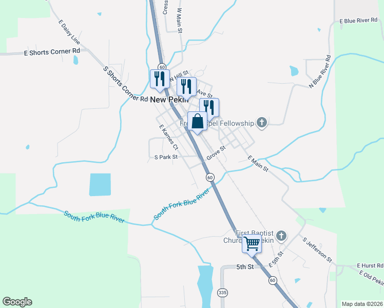map of restaurants, bars, coffee shops, grocery stores, and more near 402 Indiana 60 in New Pekin