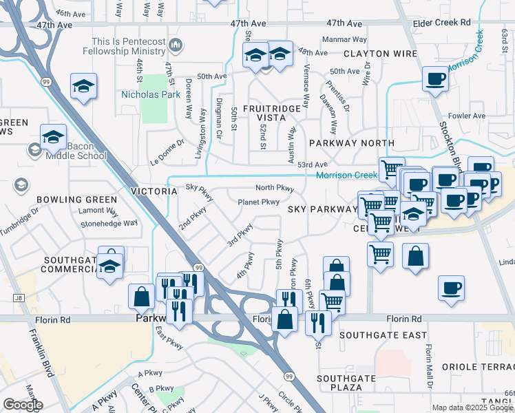 map of restaurants, bars, coffee shops, grocery stores, and more near 5130 Planet Parkway in Sacramento