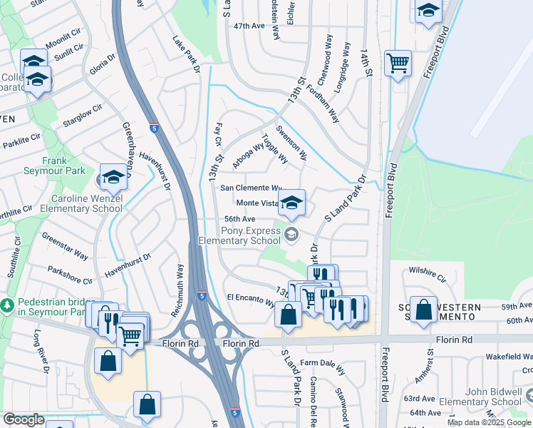 map of restaurants, bars, coffee shops, grocery stores, and more near 1217 56th Avenue in Sacramento