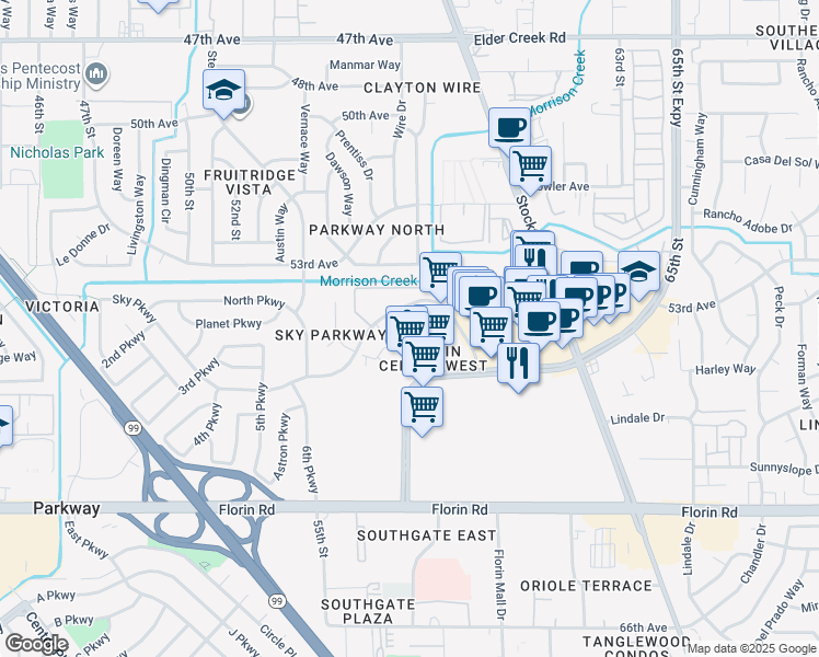 map of restaurants, bars, coffee shops, grocery stores, and more near 5505 Sky Parkway in Sacramento