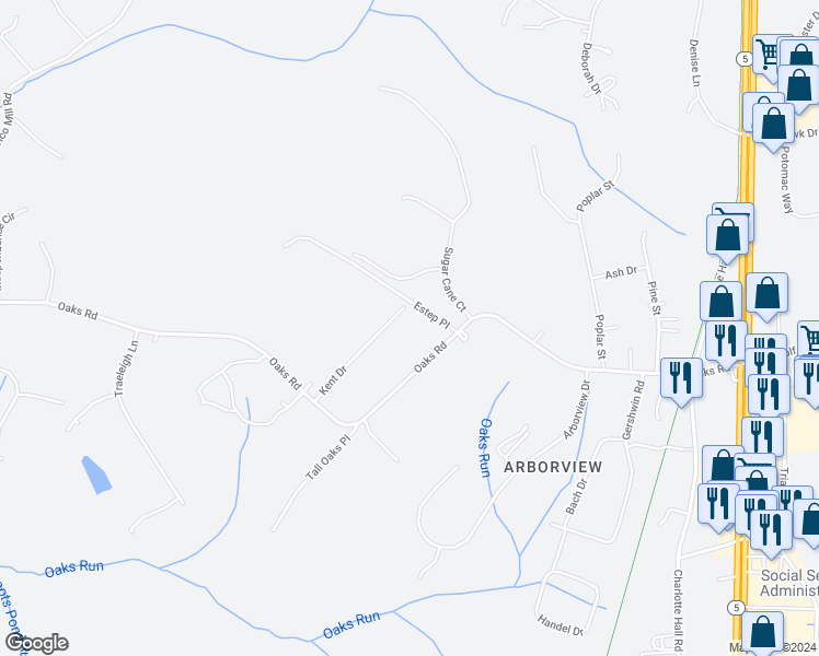 map of restaurants, bars, coffee shops, grocery stores, and more near 7670 Kent Drive in Charlotte Hall