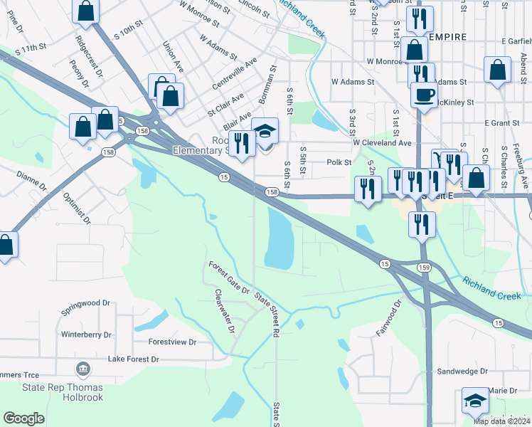 map of restaurants, bars, coffee shops, grocery stores, and more near 1212 State Street Road in Belleville