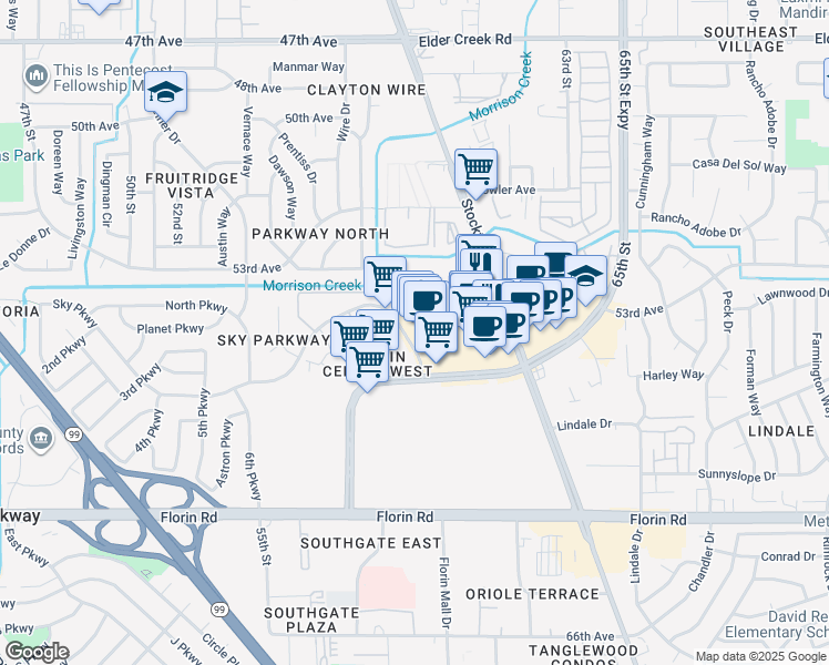 map of restaurants, bars, coffee shops, grocery stores, and more near 5569 Sky Parkway in Sacramento