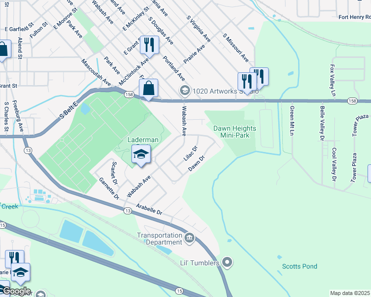map of restaurants, bars, coffee shops, grocery stores, and more near 1110 Wabash Avenue in Belleville