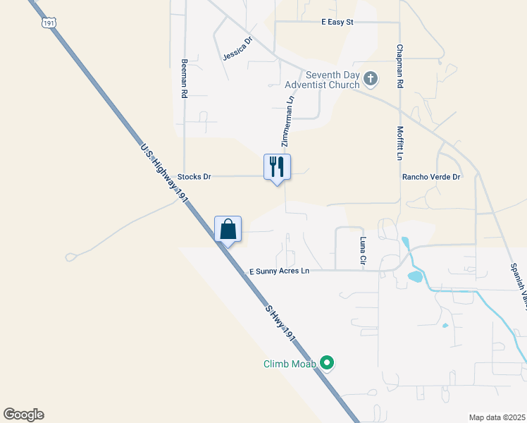 map of restaurants, bars, coffee shops, grocery stores, and more near 4525-4825 Zimmerman Lane in Moab