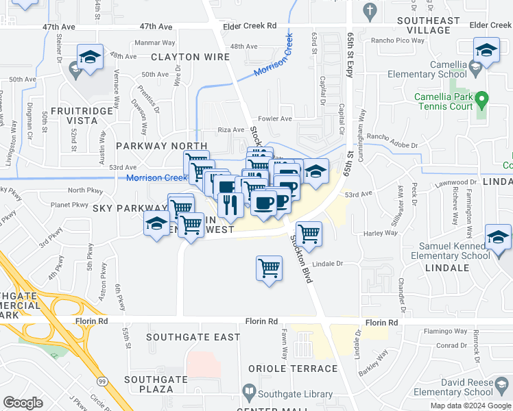 map of restaurants, bars, coffee shops, grocery stores, and more near 6930 65th Street in Sacramento