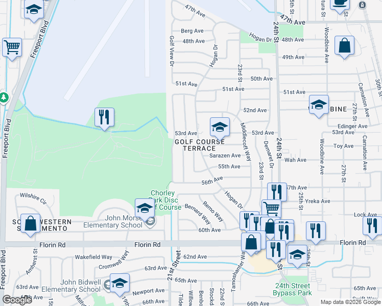 map of restaurants, bars, coffee shops, grocery stores, and more near 6840 Hogan Drive in Sacramento
