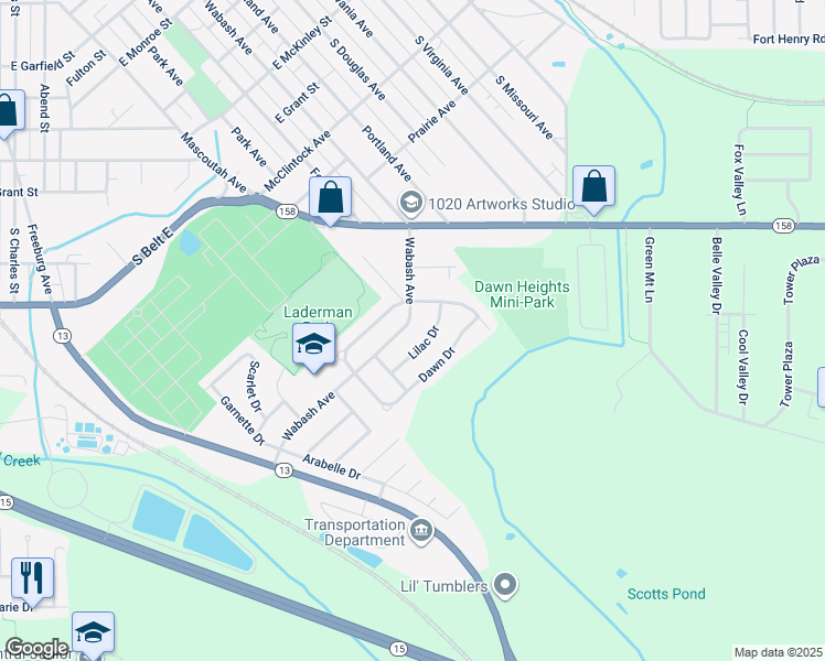 map of restaurants, bars, coffee shops, grocery stores, and more near 1110 Wabash Avenue in Belleville