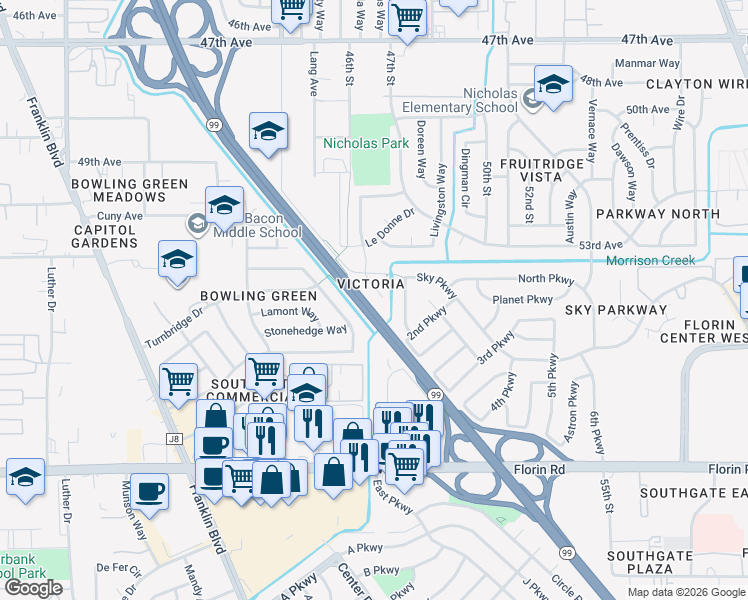 map of restaurants, bars, coffee shops, grocery stores, and more near 7040 Peevey Court in Sacramento