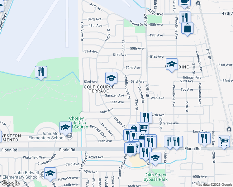 map of restaurants, bars, coffee shops, grocery stores, and more near 2178 54th Avenue in Sacramento