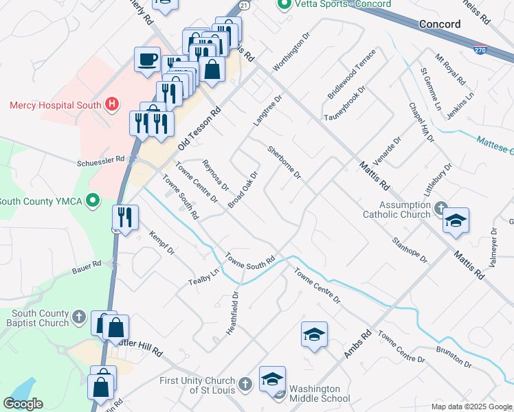 map of restaurants, bars, coffee shops, grocery stores, and more near 4960 Brockwood Drive in St. Louis