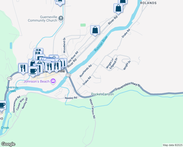 map of restaurants, bars, coffee shops, grocery stores, and more near 15940 Drake Road in Guerneville