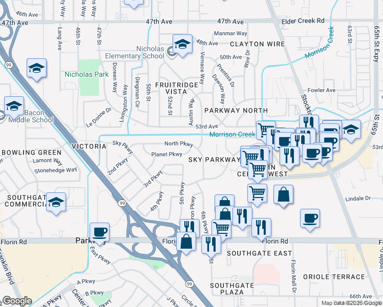 map of restaurants, bars, coffee shops, grocery stores, and more near 5328 Planet Parkway in Sacramento