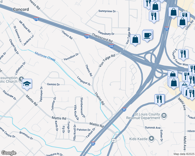 map of restaurants, bars, coffee shops, grocery stores, and more near 4525 Eli Drive in St. Louis