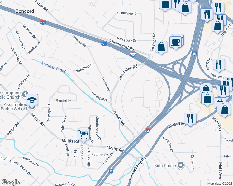map of restaurants, bars, coffee shops, grocery stores, and more near 4525 Eli Drive in St. Louis