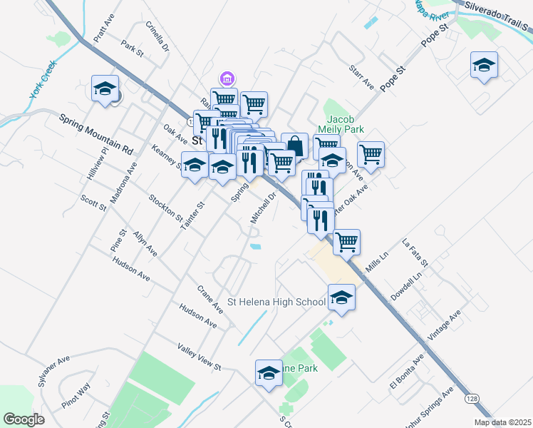 map of restaurants, bars, coffee shops, grocery stores, and more near 1317 Mitchell Dr in St Helena