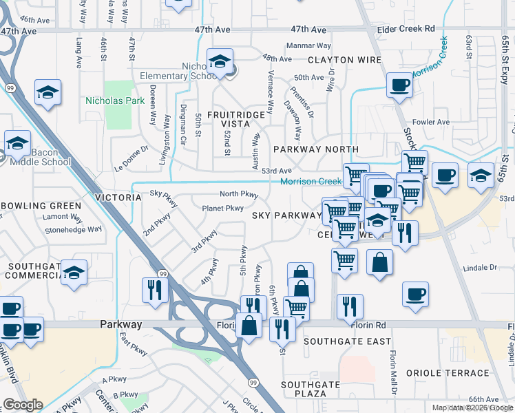 map of restaurants, bars, coffee shops, grocery stores, and more near 5328 Planet Parkway in Sacramento