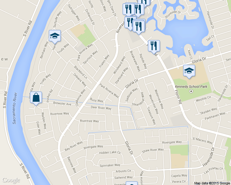 map of restaurants, bars, coffee shops, grocery stores, and more near 6877 Park Riviera Way in Sacramento