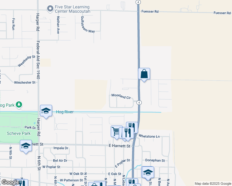 map of restaurants, bars, coffee shops, grocery stores, and more near 609 Moorland Circle in Mascoutah