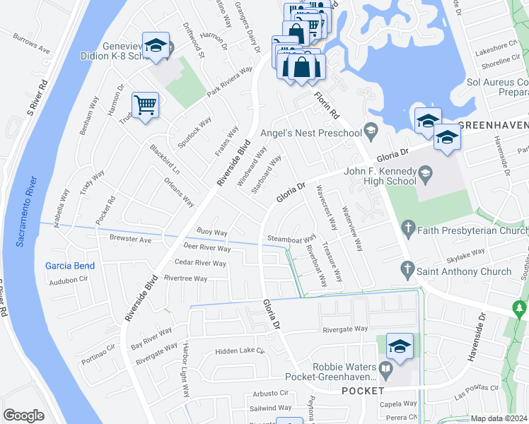 map of restaurants, bars, coffee shops, grocery stores, and more near 6877 Park Riviera Way in Sacramento