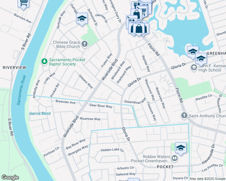 map of restaurants, bars, coffee shops, grocery stores, and more near 6877 Park Riviera Way in Sacramento