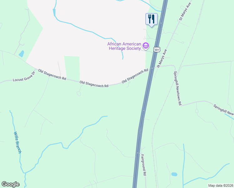 map of restaurants, bars, coffee shops, grocery stores, and more near 9285 Old Stagecoach Road in La Plata