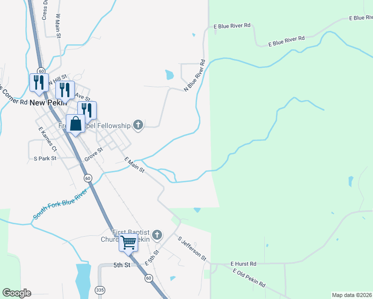 map of restaurants, bars, coffee shops, grocery stores, and more near 248 North Water Street in New Pekin