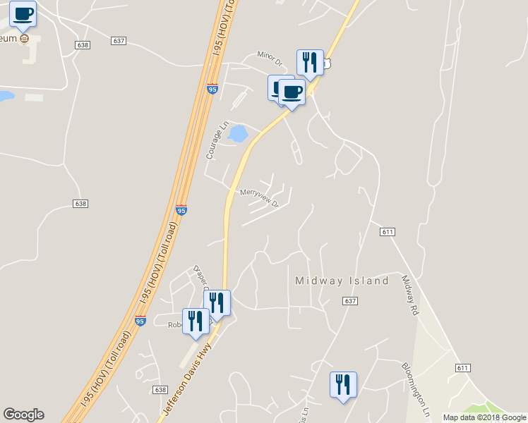 map of restaurants, bars, coffee shops, grocery stores, and more near 201 Chesterbrook Court in Stafford