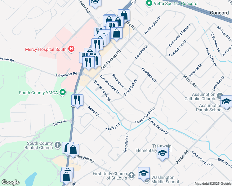 map of restaurants, bars, coffee shops, grocery stores, and more near 5114 Towne Centre Drive in St. Louis