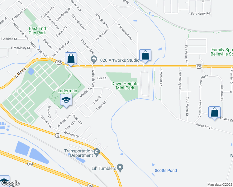 map of restaurants, bars, coffee shops, grocery stores, and more near 1508 Bel Aire Drive in Belleville