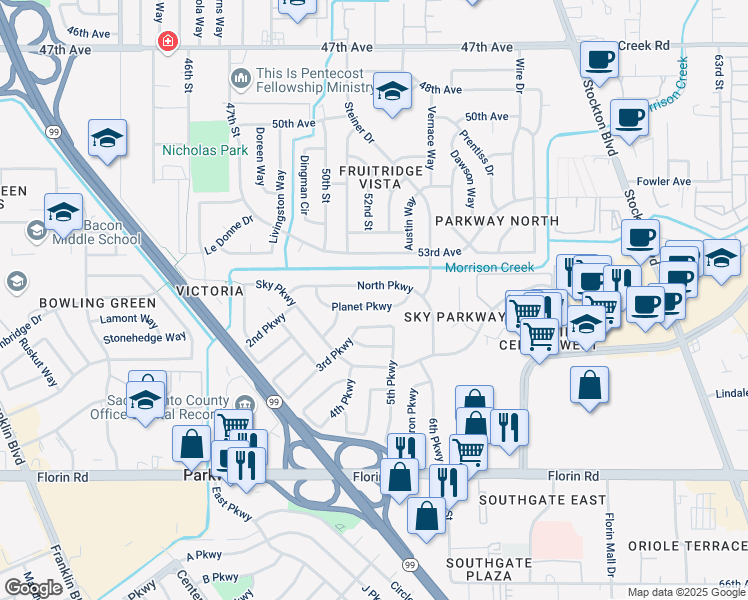 map of restaurants, bars, coffee shops, grocery stores, and more near 5201 Planet Parkway in Sacramento