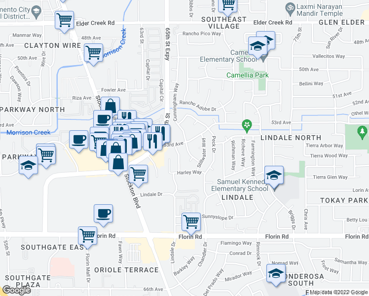 map of restaurants, bars, coffee shops, grocery stores, and more near 6600 53rd Avenue in Sacramento