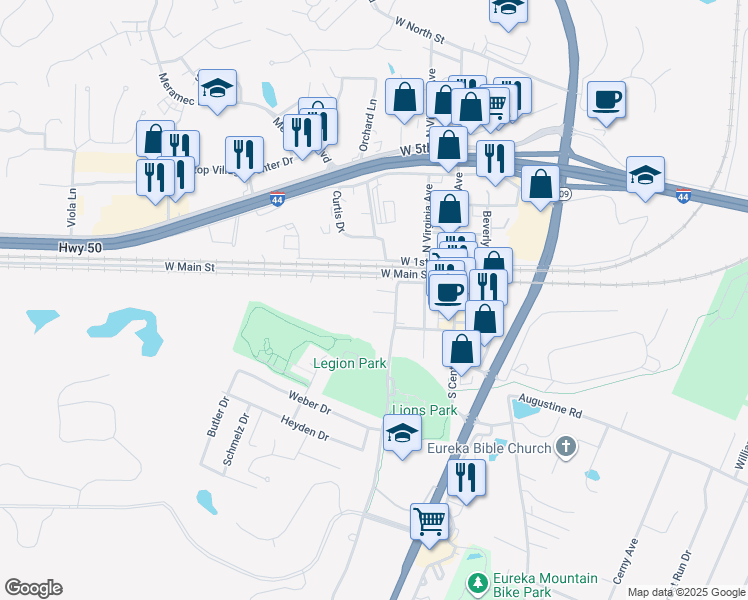 map of restaurants, bars, coffee shops, grocery stores, and more near 119 South West Avenue in Eureka