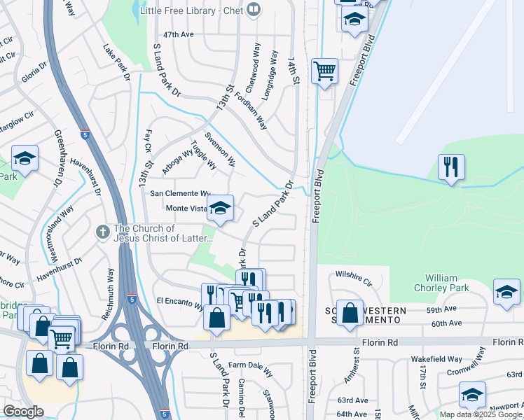map of restaurants, bars, coffee shops, grocery stores, and more near 6806 South Land Park Drive in Sacramento