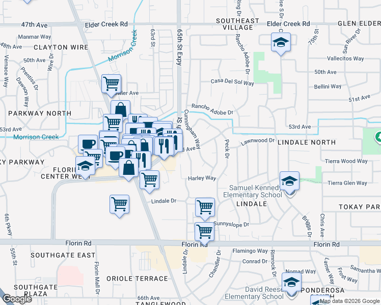 map of restaurants, bars, coffee shops, grocery stores, and more near 6600 53rd Avenue in Sacramento