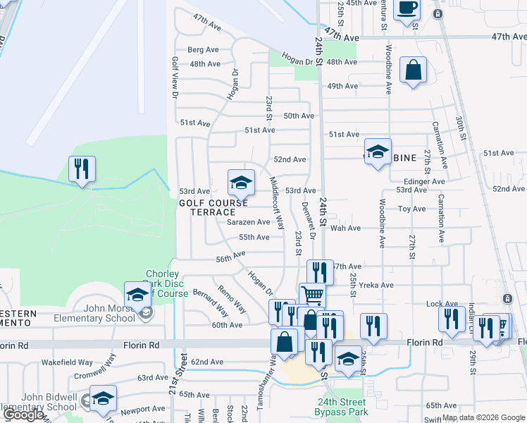 map of restaurants, bars, coffee shops, grocery stores, and more near 2178 54th Avenue in Sacramento