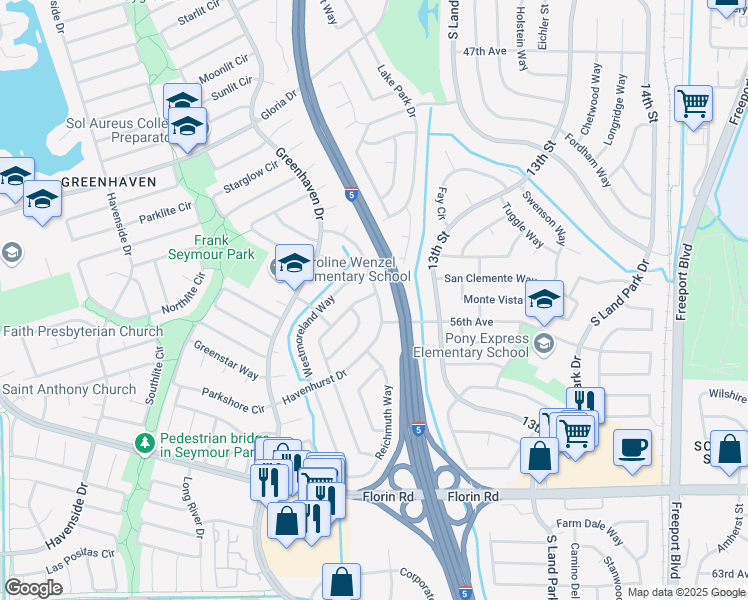 map of restaurants, bars, coffee shops, grocery stores, and more near 6864 Havenhurst Drive in Sacramento