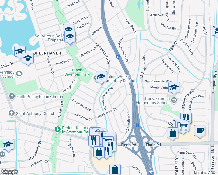 map of restaurants, bars, coffee shops, grocery stores, and more near 6880 Westmoreland Way in Sacramento