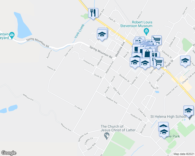 map of restaurants, bars, coffee shops, grocery stores, and more near 1637 Scott Street in St. Helena