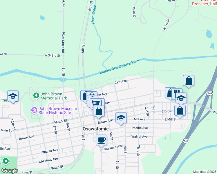 map of restaurants, bars, coffee shops, grocery stores, and more near 405 Carr Avenue in Osawatomie