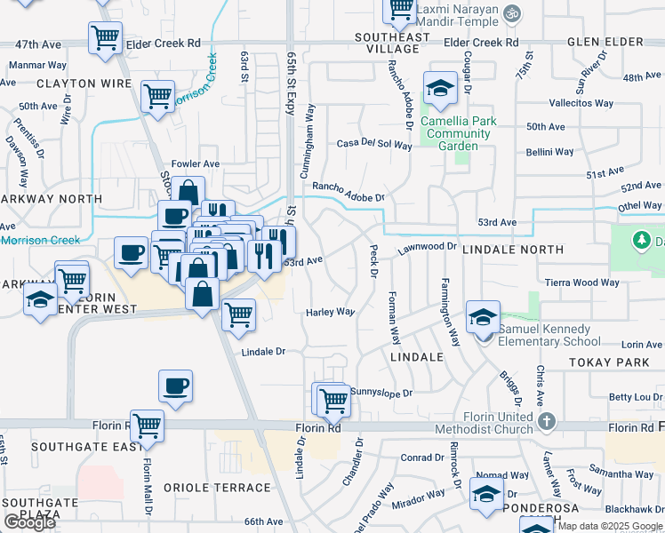 map of restaurants, bars, coffee shops, grocery stores, and more near 6905 Cunningham Way in Sacramento