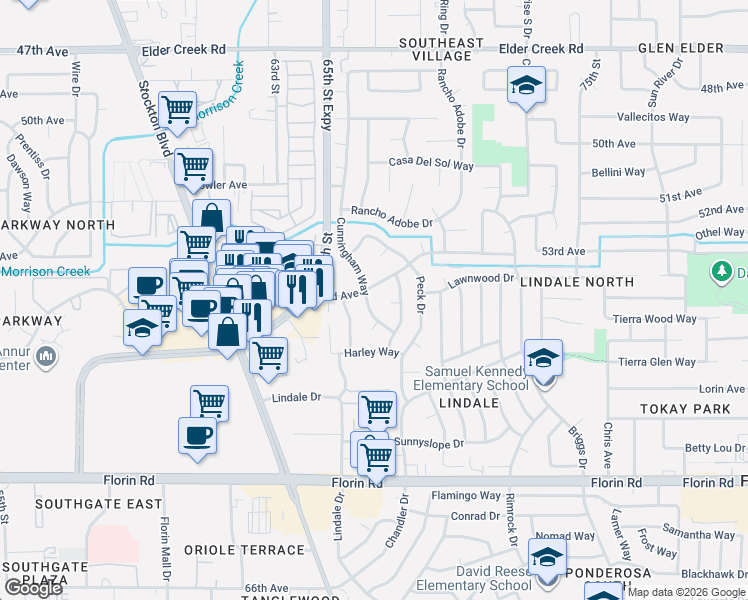 map of restaurants, bars, coffee shops, grocery stores, and more near 6710 Paquin Court in Sacramento
