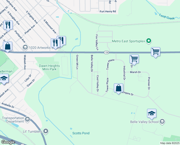 map of restaurants, bars, coffee shops, grocery stores, and more near 971 Belle Valley Drive in Belleville