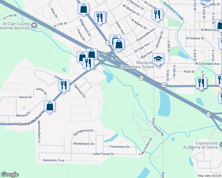 map of restaurants, bars, coffee shops, grocery stores, and more near 500 Sunrise Drive in Belleville